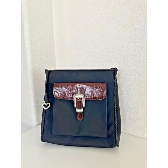 Brighton Nylon Shoulder Bag Braided Strap Croc Embossed Black Silver Western - Picture 11 of 11